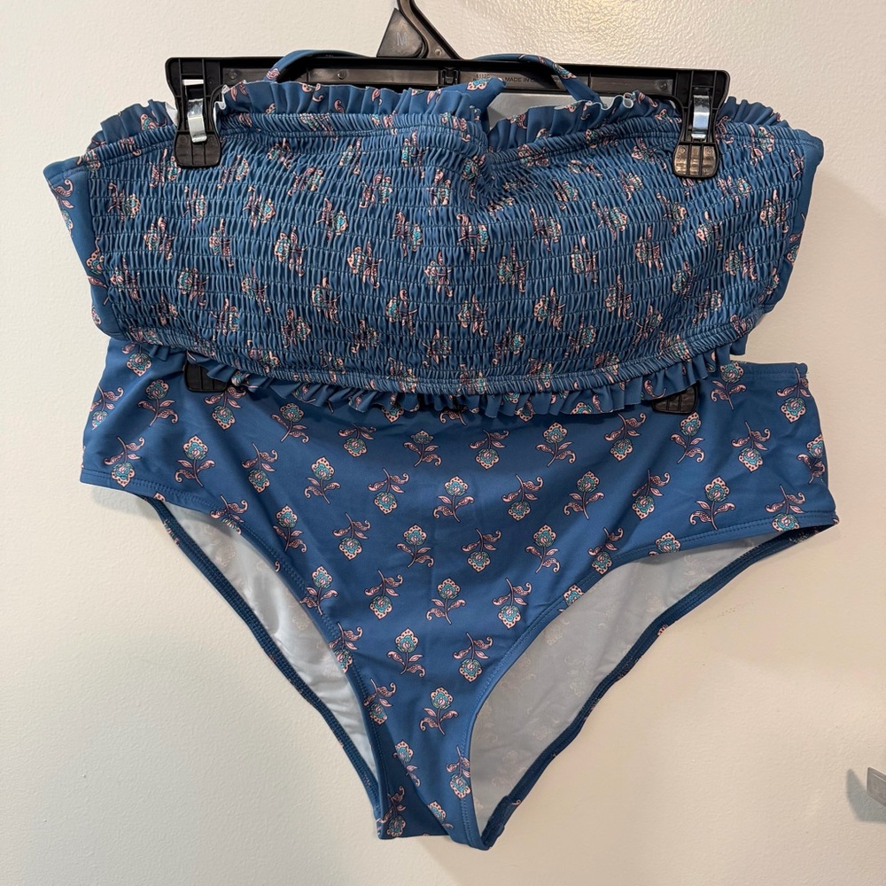Bikini Set for Women Two Piece Swimsuit Bandeau Top Back Tie Mid Waisted Bottom